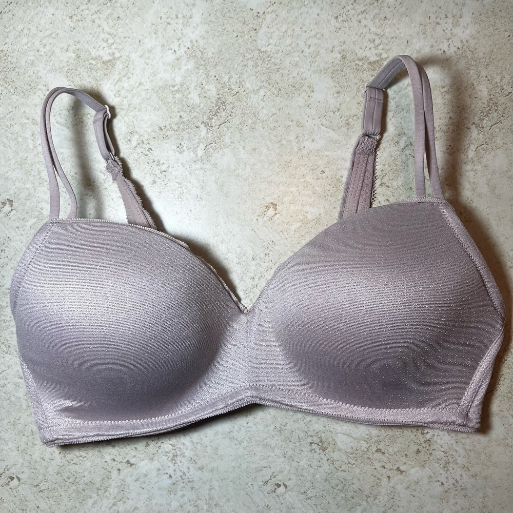 Aerie 34DD Real Happy Wireless Bra Solid Light Weight Sparkle Glitter Nude Beige